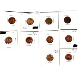 1948 A Btw, 1949 A Btw (2), 1946(2), 1957, 1958, 1961(2) & 1962 1¢.  Lot of 10 coins.  UNC to MS63. 