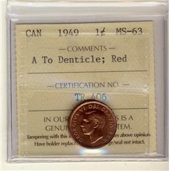 1949 1¢ A to Denticle ICCS MS63 Red