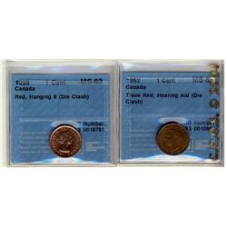 1952 1¢ CCCS MS63 Trace of Red, Hearing Aid (Die Clash), 1958 1¢ CCCS MS63 Red, Hanging 8 (Die Clash