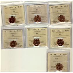 1955,1956,1959,1960,1961,1962,1963 1¢ all ICCS MS65 Full Red, A superb GEM example.