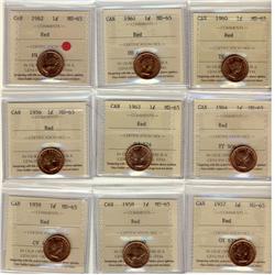 1956,57,58,59,60,61,62,63,64 1¢ All ICCS MS65 Red. Lot of 9 coins.