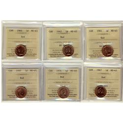 1961,1962,1964,1967,1976,1997, 1¢ ICCS MS65 Red, Lot of 6 coins,