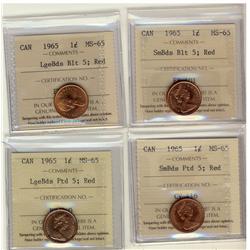 1965 1¢ Sm Bds Ptd 5, Sm Bds Blt 5, Lge Bds Blt 5, Lge Bds Ptd 5, ICCS MS65, Red  Lot of 4 coins,