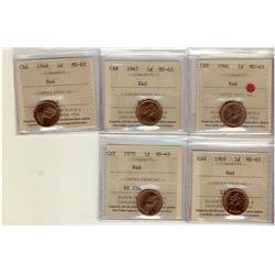 1966, 1967, 1968, 1969, 1970, 1¢ ICCS MS65 Red. Lot of 5 coins,