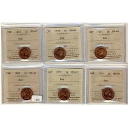 1971, 1972, 1973, 1974, 1975, 1976, 1¢ ICCS MS65 Red. Lot of 6 coins,