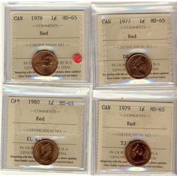 1977, 1978, 1979, 1980, 1¢ ICCS MS65 Red, Lot of 4 coins,
