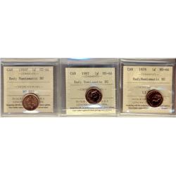 1978 1¢ Num Bu,1987 Num BU, 1999 P, Num BU. Lot of 3 coins all certified ICCS MS66 Full Red