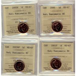 2000 1¢, 2000W, 2001P, 2003WP,, Lot of 4 coins all certified ICCS MS67 Numismatic BU Full Red