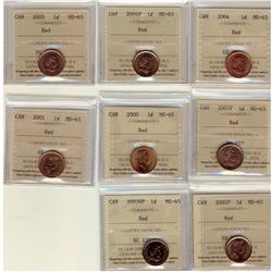 2000, 2001, 2002P, 2003WP, 2004, 2004P, 2005, 2005P, 1¢ ICCS MS65 Red,  Lot of 8 coins,