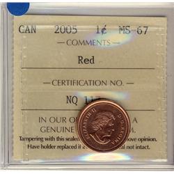 2005 1¢ ICCS MS67 Full Red, A superb GEM example.