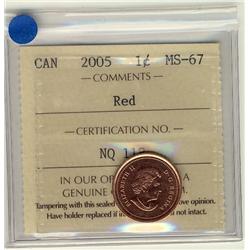 2005 1¢ ICCS MS67 Full Red, A superb GEM example.