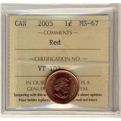 2005 1¢ ICCS MS67 Full Red, A superb GEM example.