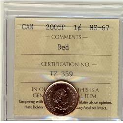 2005 P 1¢ ICCS MS67 Full Red, A superb GEM example.