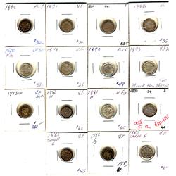 1870 - 1900 5¢.  Lot of 15 coins.  Includes 1870 N0, 1881H, 1882H, 1883H, 1885 Lg, 1886 Lg, 1886 Sml
