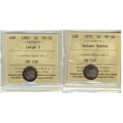 1870 RB and 1885 Lg 5 5¢ ICCS VF30.  Lot of 2 coins