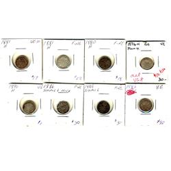 1874H - 1890H 5¢.  Lot of 8 coins including 1874H Plain, 1880H, 1881H(2), 1885 Sml, 1886 Sml(2) & 18