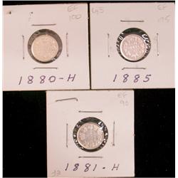 1880H, 1881H & 1885 5¢.  Lot of 3 coins VF to EF.
