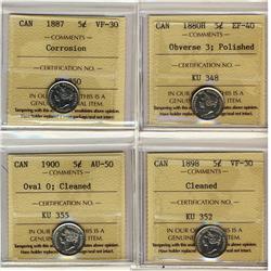 1880H Obv 3 EF40, 1887 VF30, 1898 VF30 & 1900 Oval 5¢  AU50.  Lot of 4 coins graded by ICCS all desi