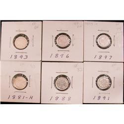 1881H, 1888, 1891, 1893, 1896 & 1897 5¢.  Lot of 6 coins VF to EF.
