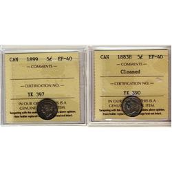 1883H & 1899 5¢ ICCS EF40.  Lot of 2 coins with designation cleaned on the 1883H.