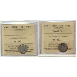 1885 F15 & 1889 F12 5¢.  Lot of 2 ICCS graded coins.