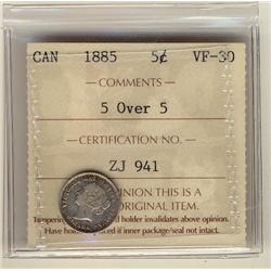 1885 5¢ 5 Over 5 ICCS VF30. Scarce variety.