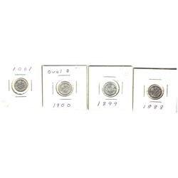 1888, 1899, 1900 Ov., 1901 5¢, lot of 4 coins. Grades vary from VF-20 to EF-40.