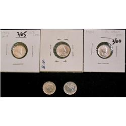 1889, 1899, 1904, 1907 & 1908 5¢.  Lot of 5 coins all look UNC but show signs of cleaning and possib