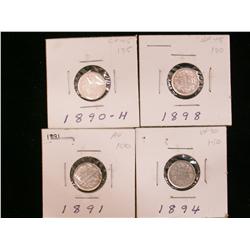 1890H, 1891, 1894 & 1898 5¢.  Lot of 4 coins EF.