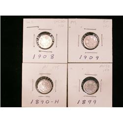 1890H, 1899, 1908 & 1909 5¢.  Lot of 4 coins EF to AU.