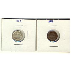 1893 & 1904 5¢. Lot of 2 ungraded coins.  VF to EF.