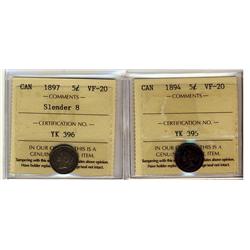 1894 & 1897 Slender 5¢ ICCS VF20.  Lot of 2 coins.