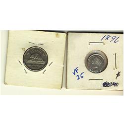 1896 5¢ VF-20, 1947 Dot 5¢ F-12, lot of 2 coins.