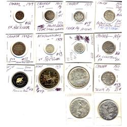 Lot of 14 coins includes; 5 cents; 1899, 1919, 1934. Ten cents; 1913 SL, 1919, 1936. 25 Cents; 1872H