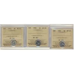 1901 EF45, 1906 AU58 & 1912 5¢ ICCS MS62.  Lot of 3 coins.