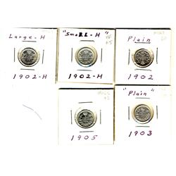 1902, 1902 Sm.H, 1902 Lg.H, 1903, 1905 5¢, lot of 5 coins.  Grades vary from VF-20 to EF-45.