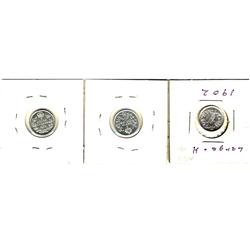 1902 Lg.H, 1903 Sm.H, 1909 RL 5¢, lot of 3 coins. All EF-45 to AU-50 Cleaned.