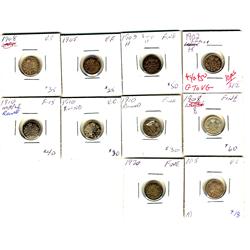1902H -1920 5¢.  Lot of 10 pcs including 1902H, 1903H, 1905, 1908(2), 1910 ML(2), 1915 & 1920. G to 