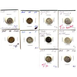 1902H - 1915 5¢.  Lot of 10 coins including 1902H, 1903H LgH, 1904, 1908, 1909 Ptd, 1910 Ptd & 1915(