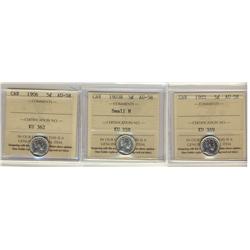 1903, 1903H Sml & 1906 5¢ ICCS AU58.  Lot of 3 coins.