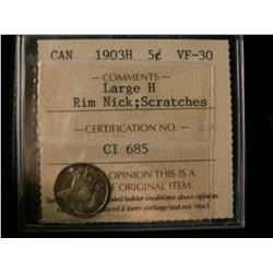 1903H 5¢ Lg H ICCS VF30. Rim nick.