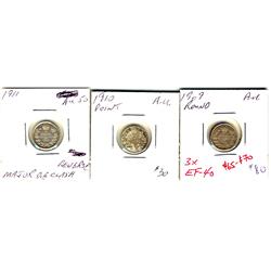 1909 Rd, 1910 Ptd & 1911 5¢.  Lot of 3 coins all EF.