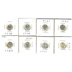1911, 1912, 1914, 1916, 1918, 1919 (2), 1920.  Lot of 8 coins.  All EF-40 to AU-50.