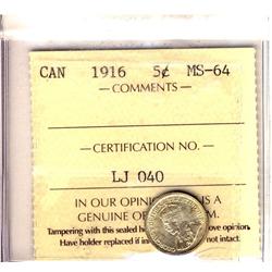 1916 5¢ ICCS MS64.  Golden shade and strong lustre.