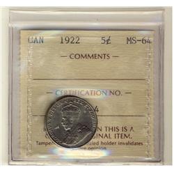 1922 5¢ ICCS MS64. Well struck with lots of lustre.