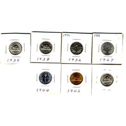1927, 1932, 1938, 1939, 1940, 1942 Tombac, 1944 5¢, lot of 7 coins.  Grades vary from EF40 to MS62