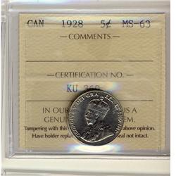 1928 5¢ ICCS MS63.  Lustrous.