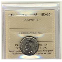 1937 5¢ ICCS MS65. A nice GEM.