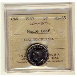 1947 5¢ ML ICCS MS65. Scarce in this condition.