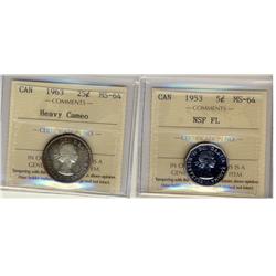 1953 5¢ NSF FL & 1963 25¢ Heavy Cameo.  Lot of 2 coins both ICCS MS64 graded.